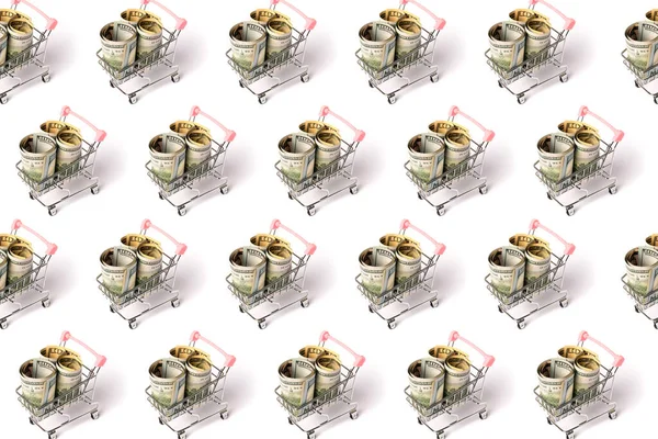 Lots Shopping Carts Pink Handle Filled Rolls One Hundred Dollar — Stock Photo, Image
