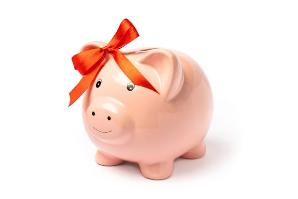 Pink Piggy Bank Red Bow Isolated White Background Money Financial — Stock Photo, Image