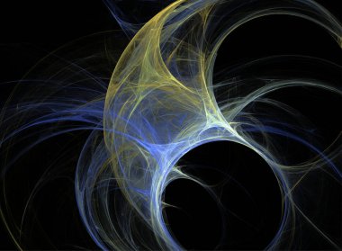 Siyah arkaplan, fraktal grafikler, tasarım, sanat üzerine bir fantezi gezegeninin sarı mavi soyut uzay çizimi