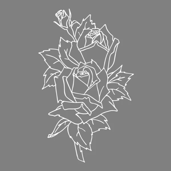 White Contour Drawing Rose Branch Gray Background Graphics Design Art — Vettoriale Stock