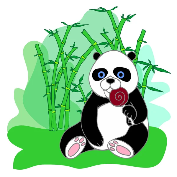 Cute Illustration Panda Cub Lollipop Light Bamboo Background Contour Drawing — Stockvector