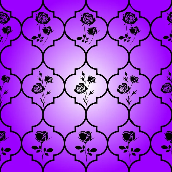 Buschiges Schwarzes Geometrisches Muster Mit Floralen Elementen Auf Violettem Hintergrund — Stockvektor