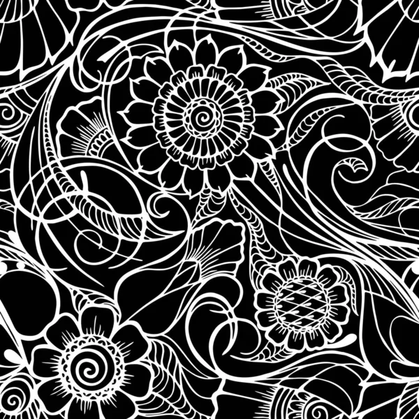 シームレスな花のパターン 東洋のモチーフ 黒の背景に輪郭の白い花のパターン テクスチャ — ストックベクタ