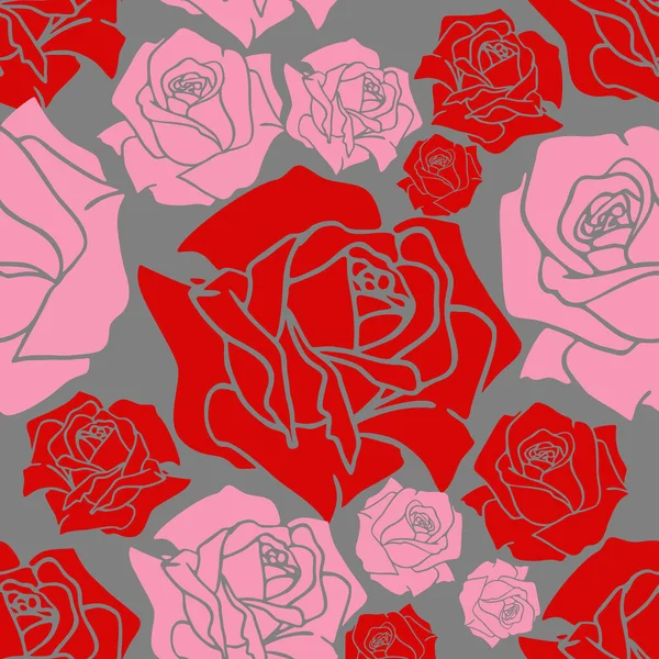 红色和粉色大玫瑰芽无缝花纹 — 图库矢量图片