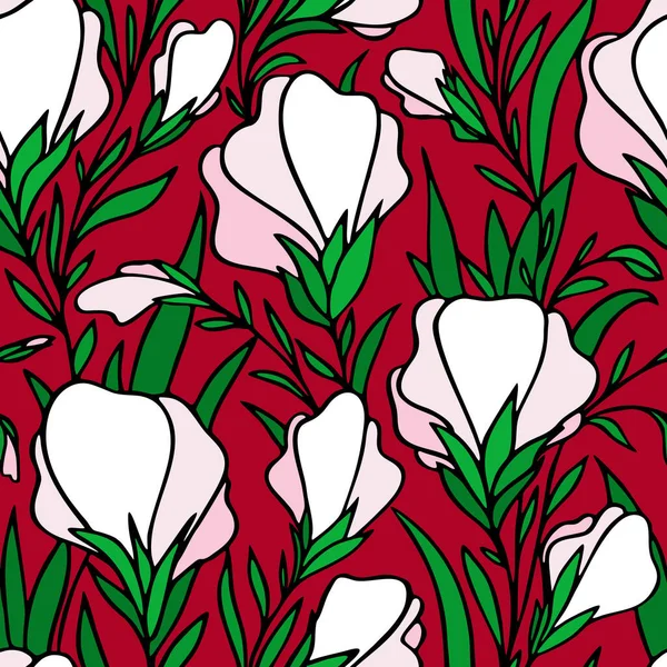 seamless pattern of large white and pink flower buds on a red background, bright floral texture, design