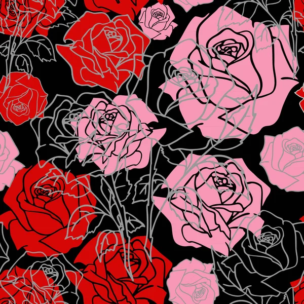 Nahtloses Muster Aus Großen Roten Und Rosa Rosenknospen Textur Design — Stockvektor