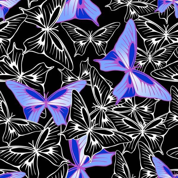 Helles Nahtloses Muster Aus Blau Violetten Und Schwarz Weißen Schmetterlingen — Stockvektor
