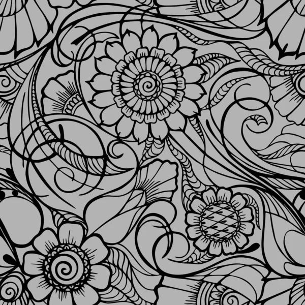 Бесшовный Цветочный Узор Восточные Мотивы Контур Черный Цветочный Узор Сером — стоковый вектор