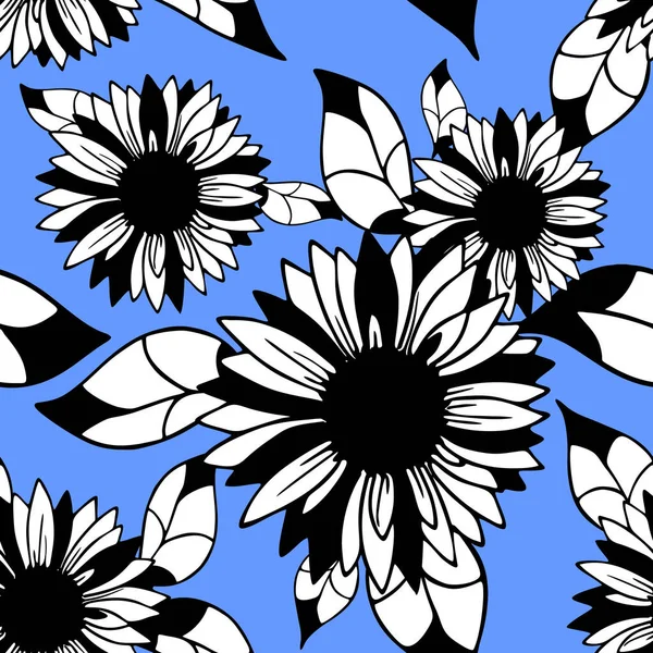 seamless pattern of black and white graphic flowers on a blue background background, texter, design
