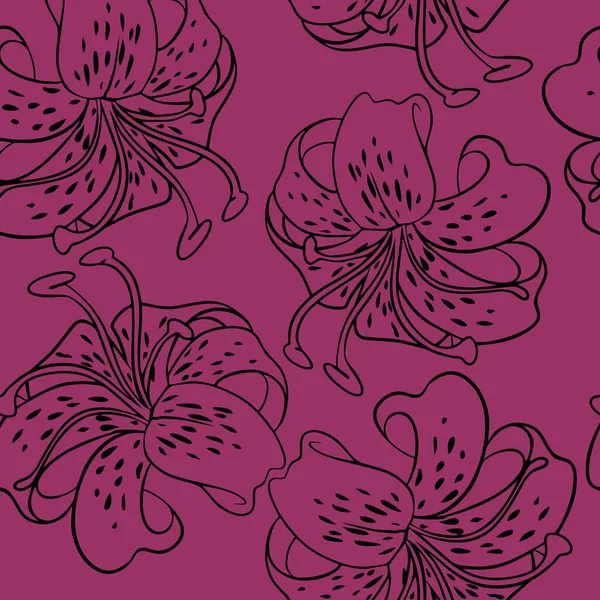 Seamless Repeating Pattern Black Contour Flowers Lilies Purple Background Texture — ストックベクタ