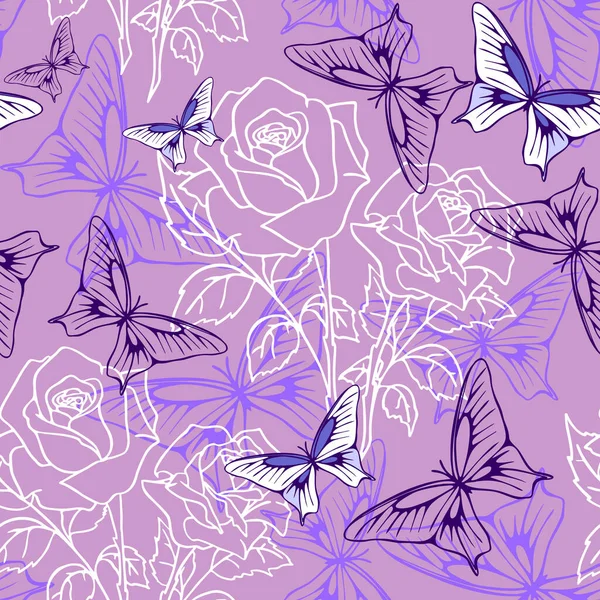 Seamless Pattern White Graphic Roses Purple Butterflies Purple Background Texter — Stockvektor