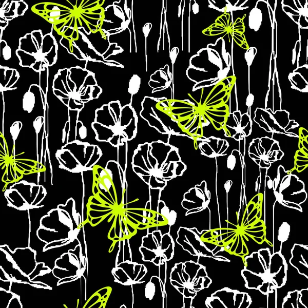 Seamless Pattern White Graphic Flowers Lime Butterflies Black Background Texter — Stockvector