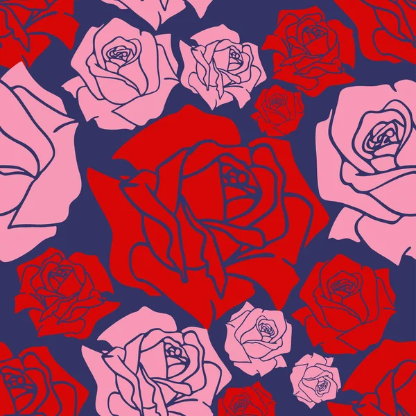 Seamless Pattern Large Red Pink Rose Buds Blue Background Texture — 图库矢量图片