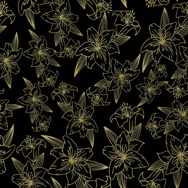 Seamless Repeating Pattern Golden Contour Flowers Lilies Black Background Texture — Διανυσματικό Αρχείο