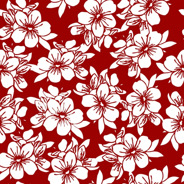 Seamless Floral Pattern White Flowers Dark Red Background Texture Repeat — Stock Vector