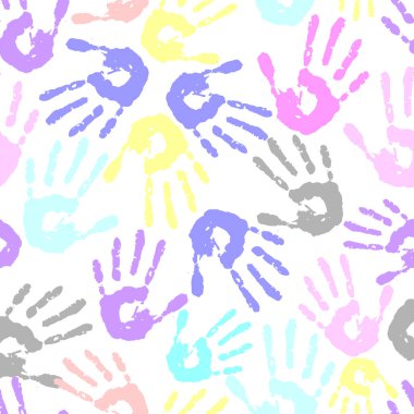 Beyaz bir arkaplanda çok renkli el izlerinin kusursuz deseni, tekrarlayan desen, doku, tasarım