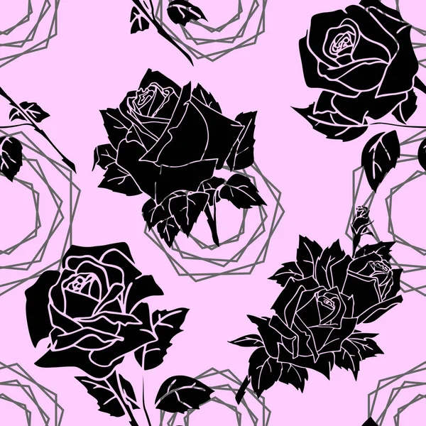 Seamless Pattern Black Roses Pink Background Texture Repeating Pattern Design — Vetor de Stock