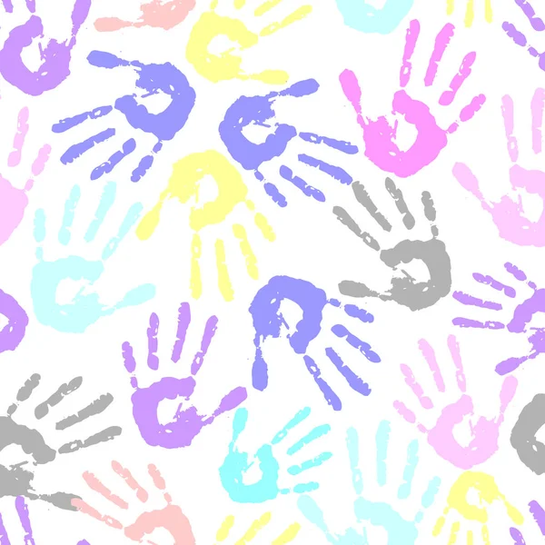 Seamless Pattern Multicolored Handprints White Background Repeating Pattern Texture Design — ストックベクタ