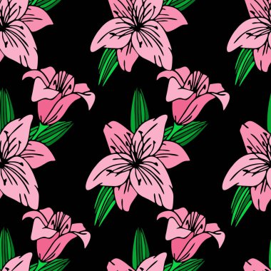seamless repeating pattern of large pink flowers on a black background, texture, design
