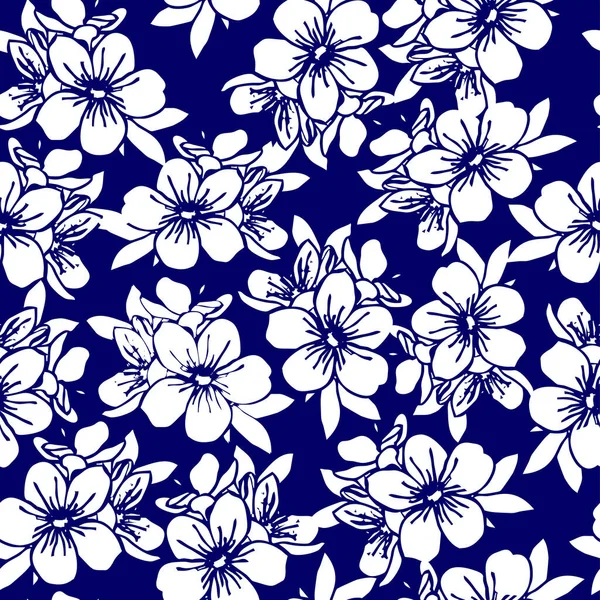 Seamless Floral Pattern White Flowers Dark Blue Background Texture Repeat — Stock Vector