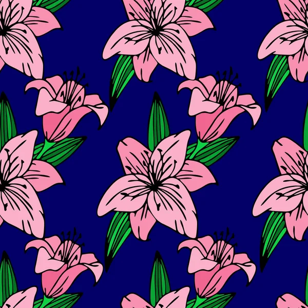 Seamless Repeating Pattern Large Pink Lily Flowers Blue Background Texture — стоковый вектор