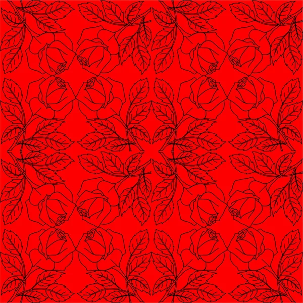 Seamless Graphic Uroz Black Roses Red Background Contour Repeating Pattern — Vetor de Stock