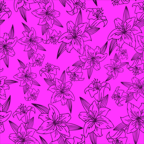 Seamless Floral Pattern Black Contour Flowers Magenta Background Texture Repeat — Stockvektor