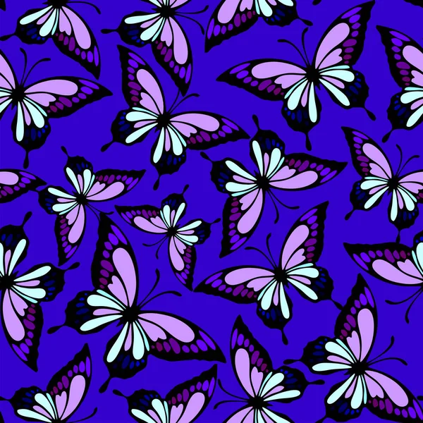 Seamless Repeating Pattern Black Purple Butterflies Blue Background Texture Design — Vetor de Stock