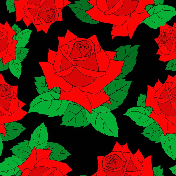 Red Roses Seamless Pattern Black Background Texture Repeating Pattern Design — Wektor stockowy