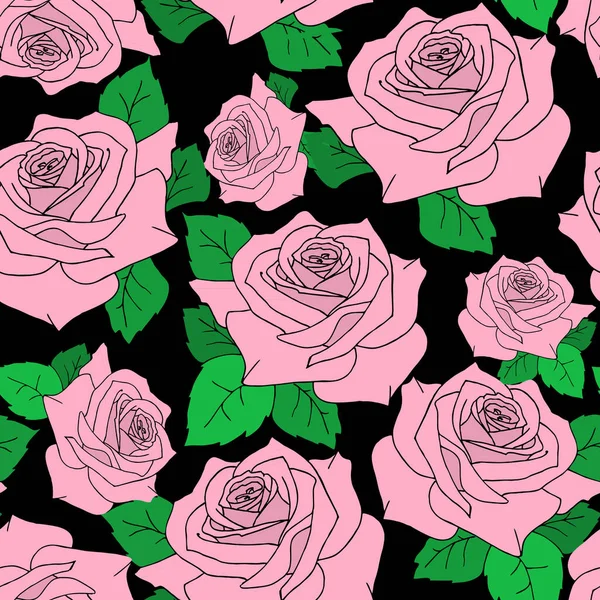 Pink Roses Seamless Pattern Black Background Texture Repeating Pattern Design — 图库矢量图片
