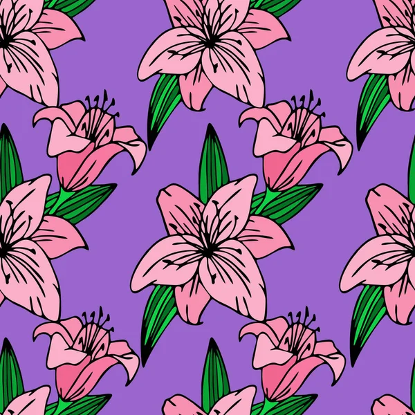 Seamless Repeating Pattern Large Pink Lily Flowers Purple Background Texture — стоковый вектор