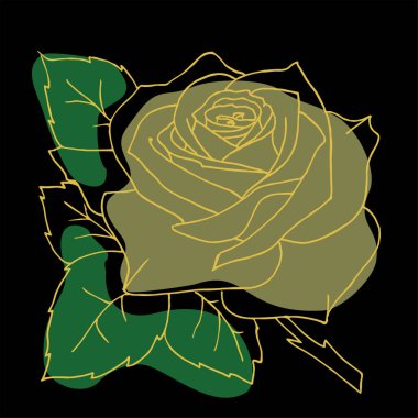 gold contour drawing of a rose flower on a black background and colored spots, modern graphics, design