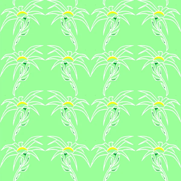 Seamless Floral Pattern White Contour Flowers Light Green Background Texture — Image vectorielle