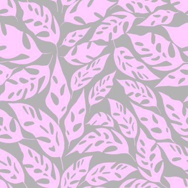 seamless asymmetric repeating pattern of pink leaves on a gray background, texture, design, graphic