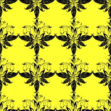 seamless graphic pattern, floral black ornament tile on yellow background, texture, design