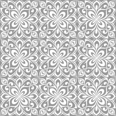 seamless graphic pattern, floral white ornament tile on gray background, texture, design