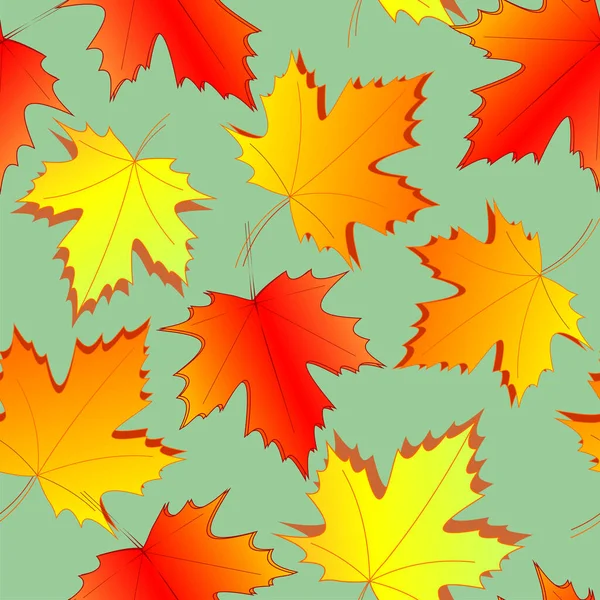 Seamless Asymmetric Pattern Autumn Maple Leaves Green Background Texture Design - Stok Vektor