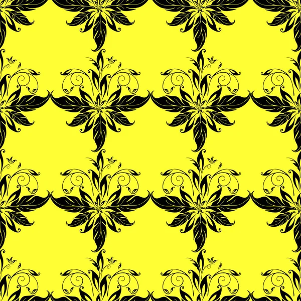 Seamless Graphic Pattern Floral Black Ornament Tile Yellow Background Texture — Stockvektor