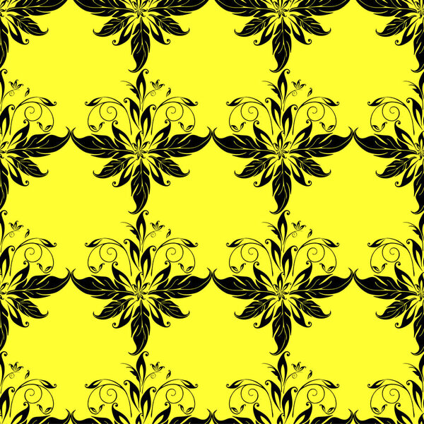 seamless graphic pattern, floral black ornament tile on yellow background, texture, design