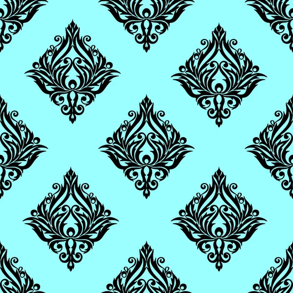 Seamless Graphic Pattern Floral Black Ornament Tile Turquoise Background Texture — Stockvektor