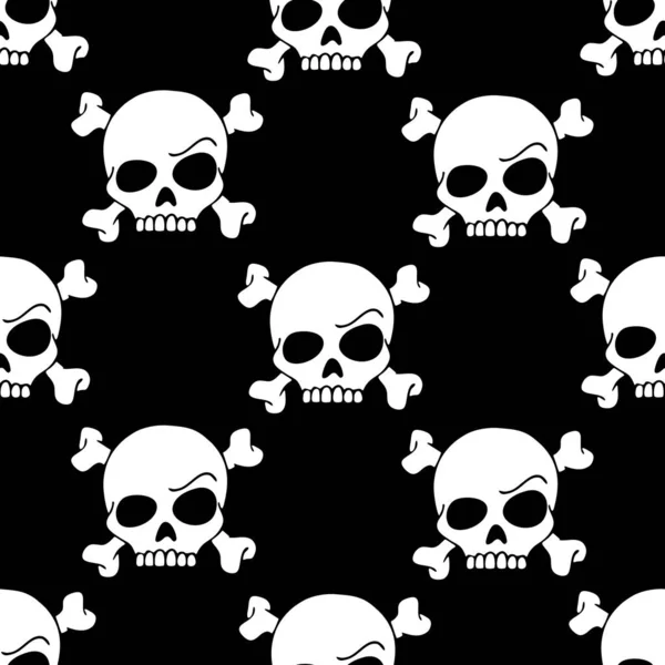 Seamless Contour Graphic Pattern White Skulls Black Background Texture Design — Archivo Imágenes Vectoriales