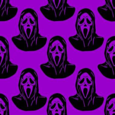 seamless graphic black pattern mask scream on purple background, texture, design