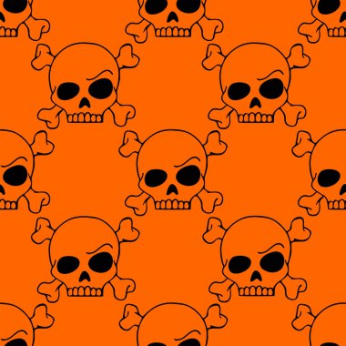 seamless contour graphic pattern of black skulls on an orange background, texture, design