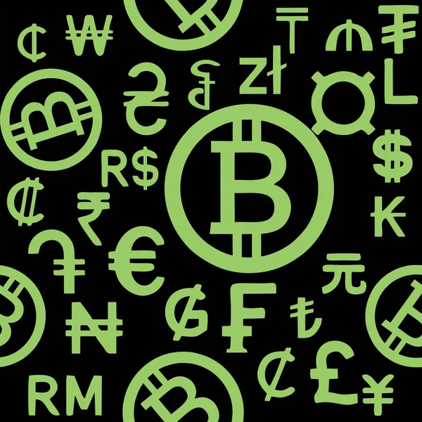 Seamless Green Pattern Graphic Symbols Different Currencies World Black Background — Image vectorielle