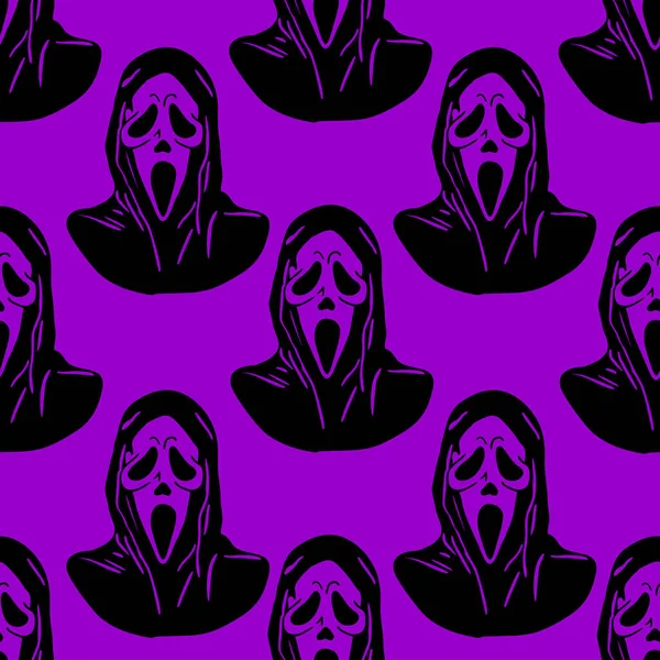 seamless graphic black pattern mask scream on purple background, texture, design