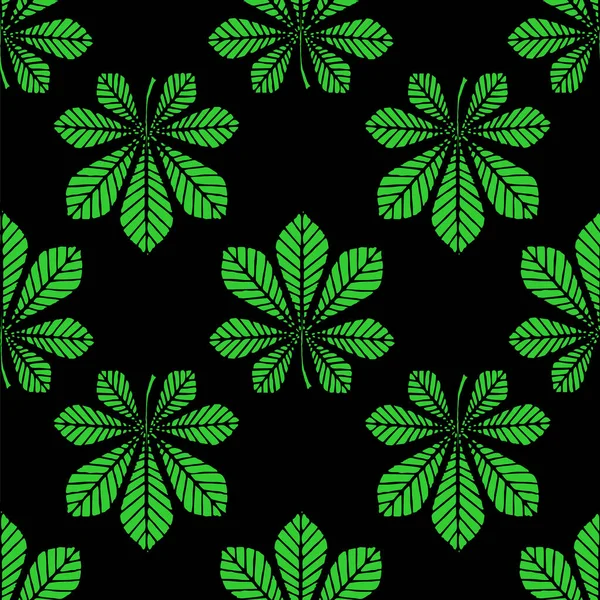 Seamless Symmetrical Pattern Green Graphic Chestnut Leaves Black Background Texture — Image vectorielle