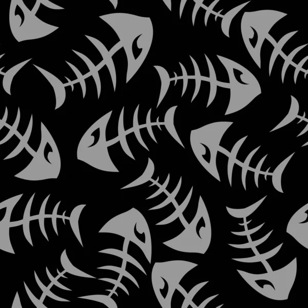 Bright Seamless Pattern Gray Graphic Fish Skeletons Black Background Texture — Vetor de Stock