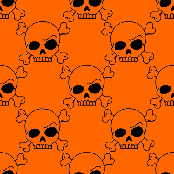 Seamless Contour Graphic Pattern Black Skulls Orange Background Texture Design —  Vetores de Stock