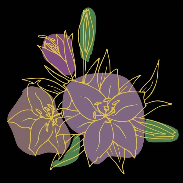 Золотий Контур Малюнок Квітки Чорному Тлі Кольорові Плями Сучасна Графіка — стоковий вектор