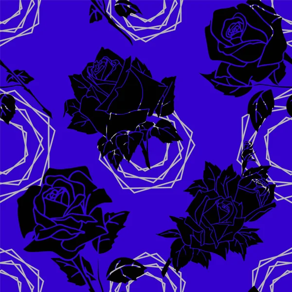 Black Roses Seamless Pattern Blue Background Texture Repeating Pattern Design — Stockvector